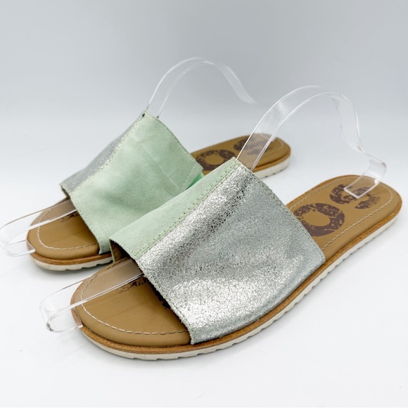 Sorel Ella Block Slide Sandals Vivid‎ Mint Suede metallic Size 9 - Picture 1 of 9